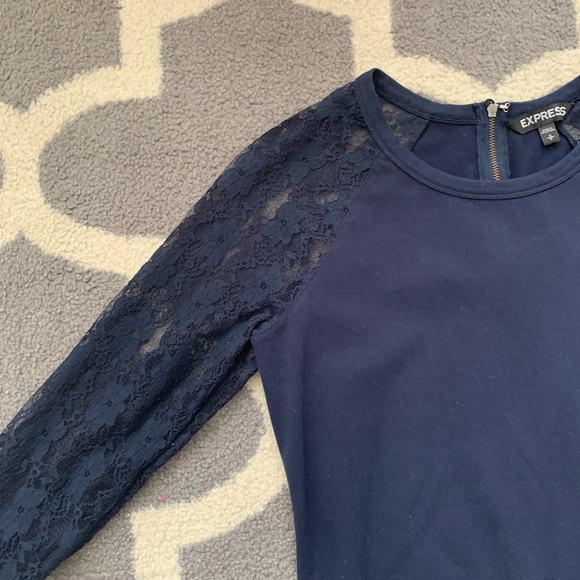 EXPRESS Navy Blue Lace Sleeve T-Shirt Dress - Picture 2 of 12
